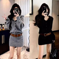 批发法式红色连帽针织衫连衣<b class='q'>裙子</b>女高级感收腰气质毛衣包臀短裙秋冬季