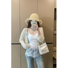 批发薄款<b class='q'>镂空</b>系带防晒衫女装夏季小众V领短款针织开衫外搭白色上衣潮