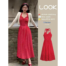 批发港风复古红色<b class='q'>波点</b>挂脖V领<b class='q'>连衣裙</b>女夏季海边度假裙子法式吊带长裙