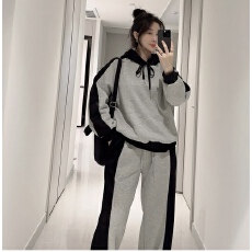 批发加绒秋冬<b class='q'>气质</b>宽松撞色长袖连帽卫衣高腰休闲裤长裤套装