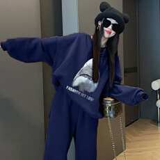 批发现韩国东大门秋冬女装薄款加绒保暖字母印花慵懒风卫衣裤子套装