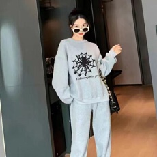 批发现韩国东大门秋冬女装薄款加绒保暖字母印花慵懒风卫衣裤子套装