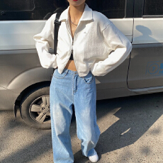 批发春季秋款<b class='q'>百搭</b>开衫新款辣妹短款上衣服拉链运动华夫格外套女