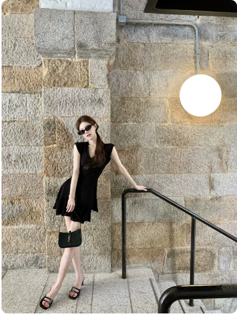 주름 Seersucker 치마 검정색 V넥 니트 여성 드레스 연꽃 잎 인어 꼬리 스커트
