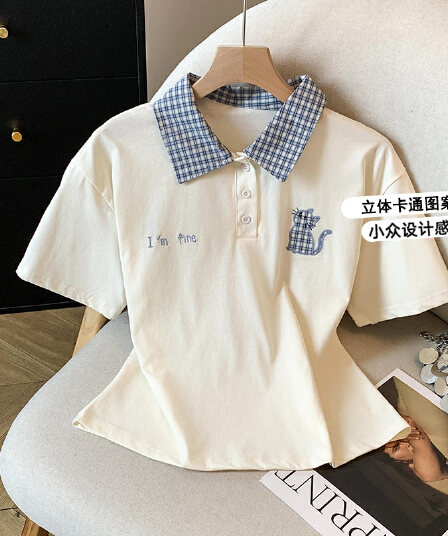 2026 여름 새로운 체크무늬 패치워크 학원 스타일 POLO 칼라 반팔 고양이 자수 티셔츠 슬림해 보이는 맨위
