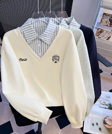 2026 가을 새로운 패션 다용도 루즈핏 외국 가스 알파벳 자수 POLO 칼라 패치워크 색상 후드티 여성 셔츠