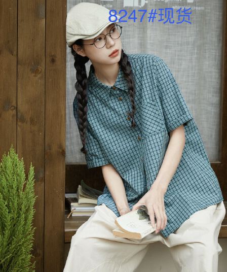 출퇴근 캐주얼 긍정적 인 어깨 체크무늬 여성 셔츠 여름 루즈핏 폴로 칼라 반팔 셔츠 다용도 맨위