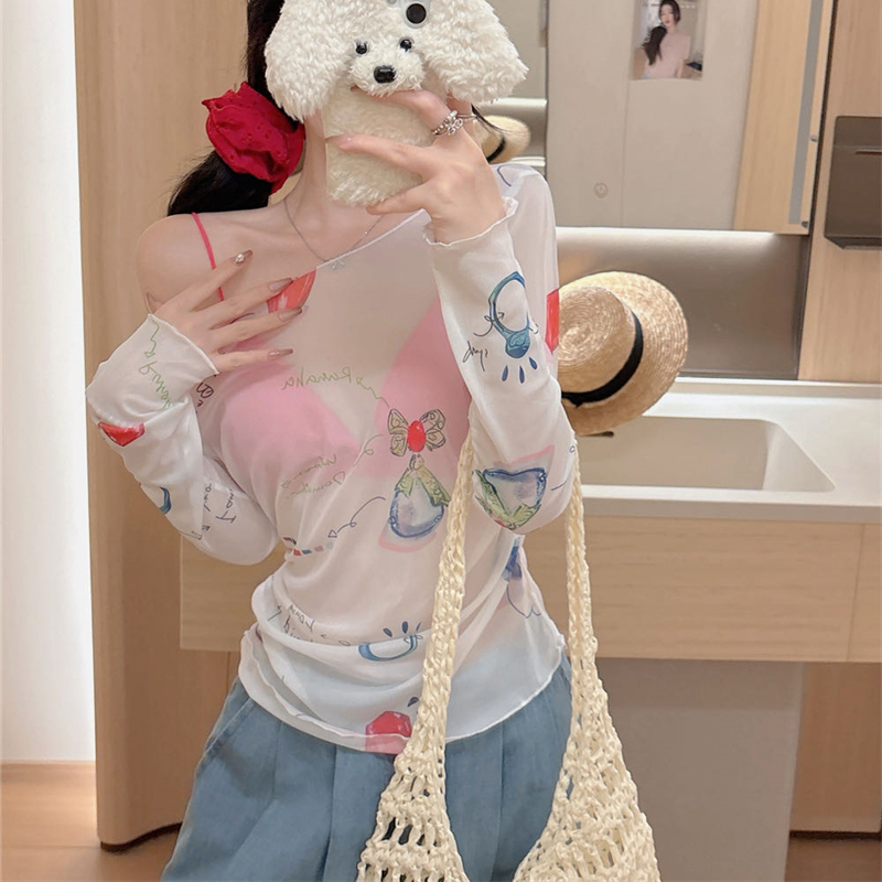FA33204# 夏新款防晒衣薄款小众罩衫长袖卡通印花上衣不含美背 服裝批發女裝批發服飾貨源