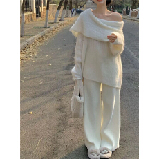 批发现货一字肩慵懒毛衣套装女早秋冬季2025温柔露肩坑条针织两件套