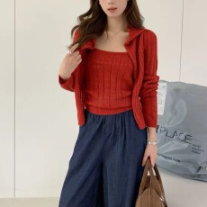 批发现货女装秋上新必入两件套显瘦气质韩系针织开衫+吊带背心套装