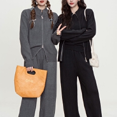 批发实拍休闲套装秋冬拉链开衫翻领毛衣阔腿裤l两件套针织保暖