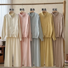 批发实拍休闲套装秋冬双拉链开衫流苏毛衣外套+阔腿裤两件套针织