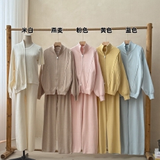 批发实拍多色套装双拉链开衫毛衣外套+阔腿裤+打底针织衫三件套