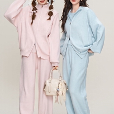 批发实拍多色套装双拉链开衫毛衣外套+阔腿裤针织保暖两件套