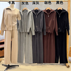 批发实拍休闲保暖套装女2025秋冬双拉链外套翻领针织毛衣阔腿裤三件套
