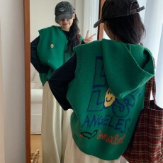 批发实拍无袖针织女秋季韩系外搭宽松慵懒风叠穿坎肩卡通背心马甲开衫