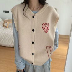 批发实拍秋冬新款宽松慵懒风无袖针织开衫背心女字母毛衣马甲外搭马夹