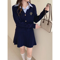 批发实拍学院风jk<b class='q'>套装</b>裙女秋冬两件套衬衫领针织开衫外套+百褶半身裙