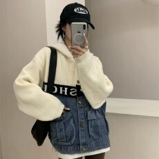 批发实拍设计感牛仔拼接<b class='q'>针织衫</b>外套女韩版秋冬新款慵懒风减龄毛衣开衫