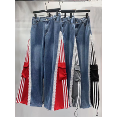 批发2025韩国东大门新款时尚秋季系扣<b class='q'>松紧腰</b>侧边拼接撞色竖条纹<b class='q'>牛仔裤</b>