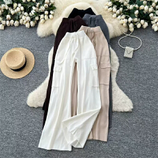 批发工装风针织裤女2025秋冬松紧腰系带高腰显瘦口袋设计窄版直筒长裤