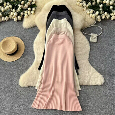 批发韩系简约百搭松紧腰荷叶边鱼尾半身裙女2025冬弹力高腰包臀毛衣裙