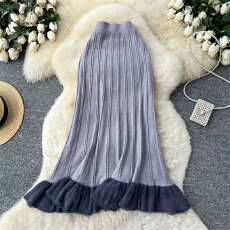 批发法式高级感时尚撞色荷叶边半身裙女2025秋冬高腰显瘦包臀针织<b class='q'>裙子</b>