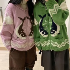 韩国东大门女装2025年秋冬新款FURE甜美减龄印花翻领针织开衫毛衣