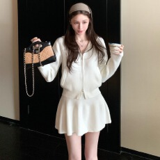 批发温柔风气质拉链连帽毛衣外套女秋设计感百搭高腰<b class='q'>显瘦</b>半身裙两件套