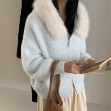 慵懒显瘦百搭毛毛拼接连帽长袖针织开衫女秋冬宽松休闲短款外套女