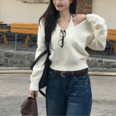 批发秋冬季法式设计感毛衣女气质V领<b class='q'>宽松</b>慵懒风针织衫上衣+吊带两件套