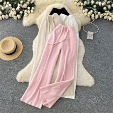 批发客拍韩系慵懒软糯针织阔腿裤子冬季宽松休闲高腰显瘦直筒拖地长裤