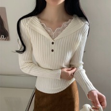 批发韩系秋冬蕾丝拼接纯欲风打底<b class='q'>毛衣</b>女v领显瘦高级感针织衫内搭上衣