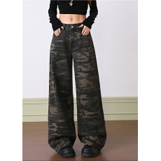 批发2025新款迷彩百搭显瘦直筒<b class='q'>牛仔裤</b>女美式复古宽松<b class='q'>休闲</b>阔腿拖地长裤