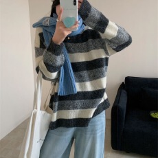 批发实拍慵懒风条纹针织衫女2025秋冬季新款<b class='q'>时尚</b>百搭宽松软糯套头毛衣