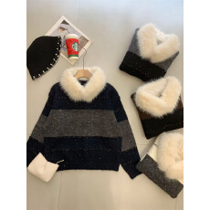 批发可拆卸毛领撞色条纹珠片长袖毛衣女秋<b class='q'>冬</b>季时尚宽松外穿针织上衣