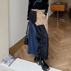 批发美式潮牌拼色<b class='q'>牛仔</b>半身裙小众设计感工装风中长款宽松高腰a字裙子