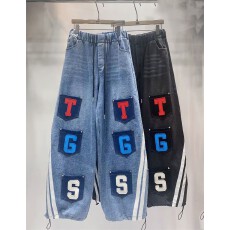 批发欧货<b class='q'>牛仔裤</b>女2026春季新款重工多口袋字母刺绣宽<b class='q'>松紧</b>腰杠条长裤潮