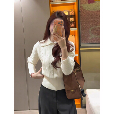 批发韩系polo领长袖麻花针织衫毛衣女秋冬新款慵懒风气质翻领套头上衣