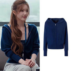 批发许我耀眼赵露思许妍同款蓝色连帽针织卫衣开衫毛衣短款外套女秋冬