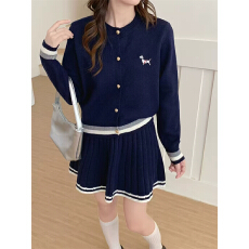 韩系学院风假两件上衣女2025秋冬针织开衫拼接条纹衬衫百褶裙套装