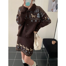 批发小众爆款针织女装两件套韩版设计提花短款半身裙开衫外套毛衣套装
