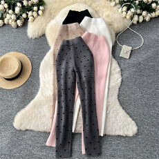 批发2026韩版高腰波点针织直筒裤女春季时尚百搭弹力松紧腰修身打底裤