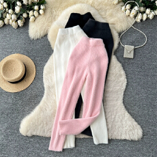 批发韩版高腰毛毛针织针织裤女2026年春季百搭修身松紧腰通勤风休闲裤