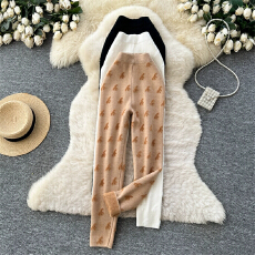 批发韩版高腰时尚针织印花直筒裤女2026春季针织百搭修身显瘦休闲裤