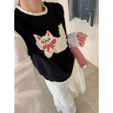 批发实拍夜巡猫黑色小猫提花刺绣短款外搭叠穿针织马甲圆领毛衣背心女