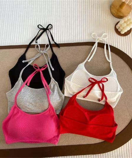 해변 휴가 바람 스트랩 행침 목 벨트 가슴 패드 캐미솔 봄 섹시함 순수한 욕망 쇼트 스타일 요추 배 맨위