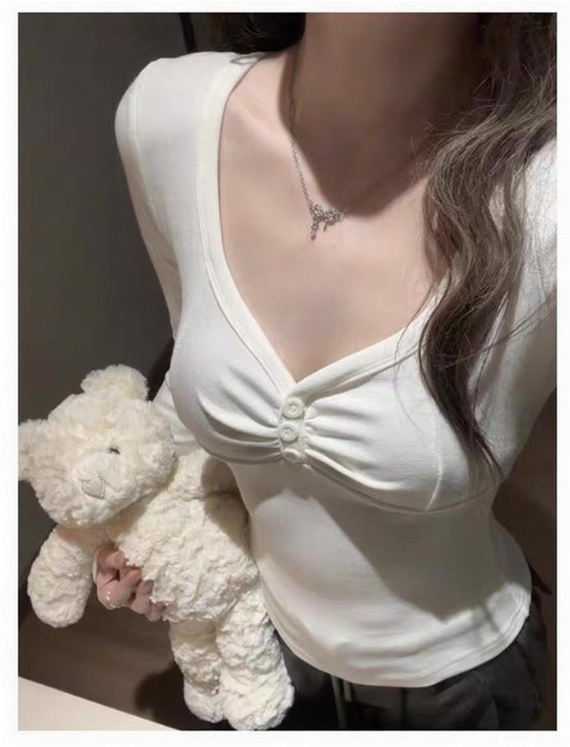 봄 새로운 나만의 것을 가져와 라. 가슴 패드 사람들 면 연삭 털 가슴 펌프 Pleat 복숭아 심장 고리 허리 수축 슬림해 보이는 티셔츠 여성 긴 소매 맨위