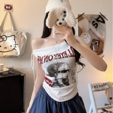 批发2026早春人棉英文印花内搭时尚辣妹外穿性感短袖打底上衣女