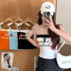 批发时尚外穿人棉字母印花抹胸带胸垫背心美式辣妹多巴胺短款修身上衣